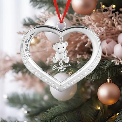 My First Christmas Ornament 2025 – Silver Teddy Bear Baby Keepsake with Box