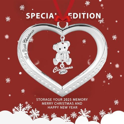 My First Christmas Ornament 2025 – Silver Teddy Bear Baby Keepsake with Box