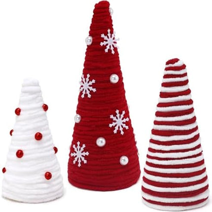 Mini Christmas Yarn Trees – 3-Piece Red & White Farmhouse Table Decor for Indoor Use