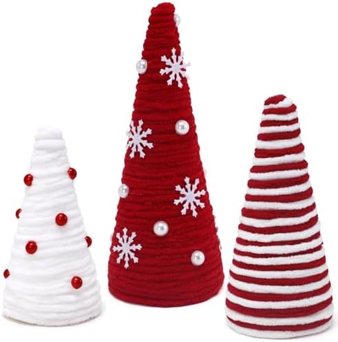 Mini Christmas Yarn Trees – 3-Piece Red & White Farmhouse Table Decor for Indoor Use