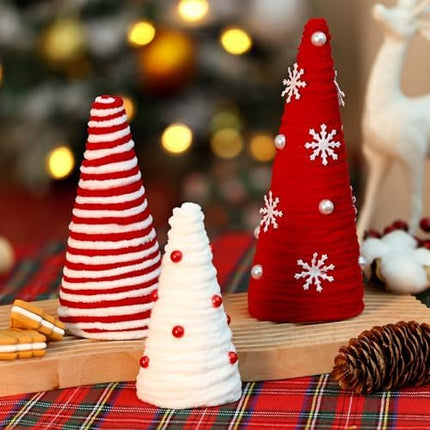 Mini Christmas Yarn Trees – 3-Piece Red & White Farmhouse Table Decor for Indoor Use