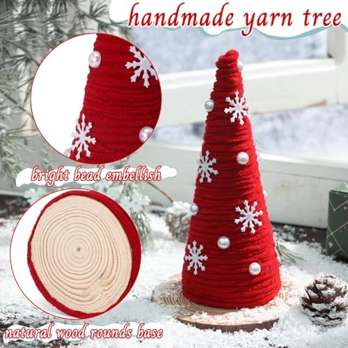 Mini Christmas Yarn Trees – 3-Piece Red & White Farmhouse Table Decor for Indoor Use