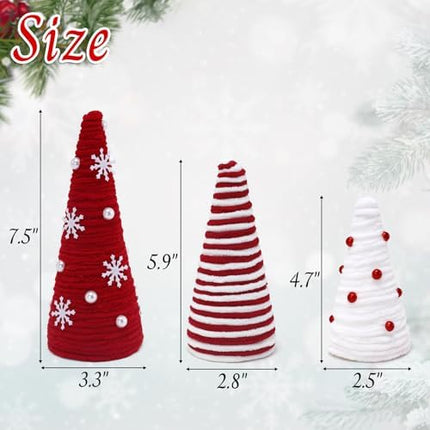 Mini Christmas Yarn Trees – 3-Piece Red & White Farmhouse Table Decor for Indoor Use