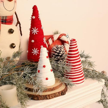 Mini Christmas Yarn Trees – 3-Piece Red & White Farmhouse Table Decor for Indoor Use