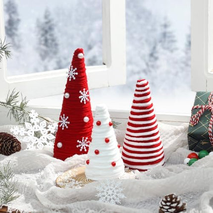Mini Christmas Yarn Trees – 3-Piece Red & White Farmhouse Table Decor for Indoor Use