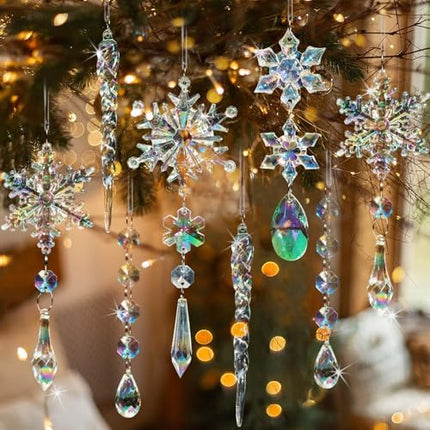 Frozen Theme Crystal Ornaments – 18pcs Iridescent Snowflake & Icicle Tree Decor