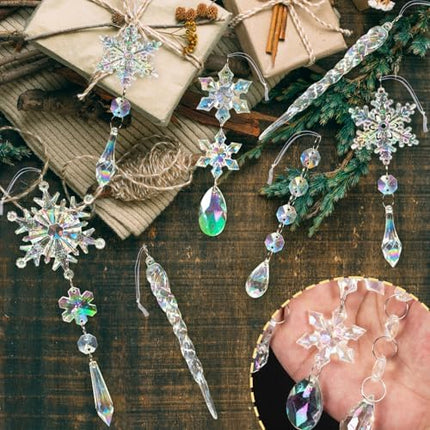 Frozen Theme Crystal Ornaments – 18pcs Iridescent Snowflake & Icicle Tree Decor