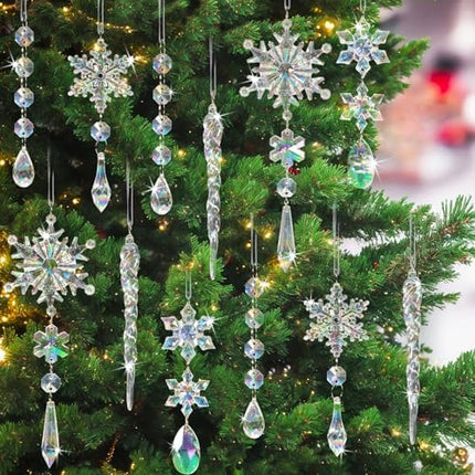 Frozen Theme Crystal Ornaments – 18pcs Iridescent Snowflake & Icicle Tree Decor