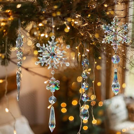 Frozen Theme Crystal Ornaments – 18pcs Iridescent Snowflake & Icicle Tree Decor