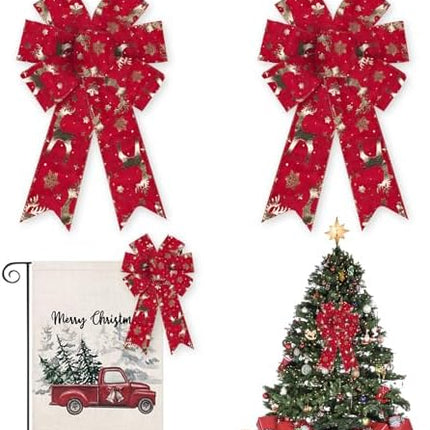 Christmas Red Reindeer Wreath Bows 2PCS – Winter Door, Wall & Tree Decorations