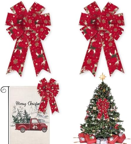 Christmas Red Reindeer Wreath Bows 2PCS – Winter Door, Wall & Tree Decorations