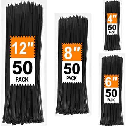 Heavy-Duty Zip Ties 200-Pack – Black UV-Resistant Cable Ties Assorted 4–12 Inch