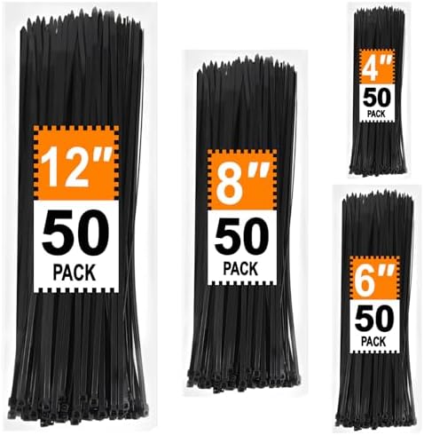 Heavy-Duty Zip Ties 200-Pack – Black UV-Resistant Cable Ties Assorted 4–12 Inch