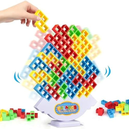 64-Piece Stacking Tower Balance Game with Cards for Kids & Adults