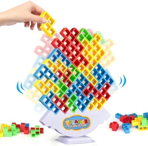 64-Piece Stacking Tower Balance Game with Cards for Kids & Adults