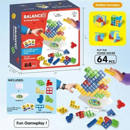 64-Piece Stacking Tower Balance Game with Cards for Kids & Adults