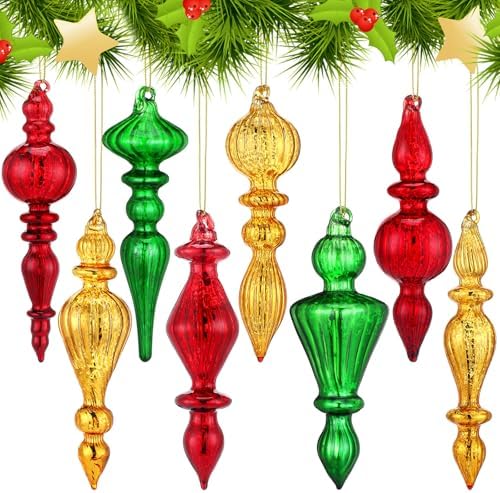 8pcs Mercury Glass Finial Ornaments – 6" Vintage Christmas Tree Decor Set