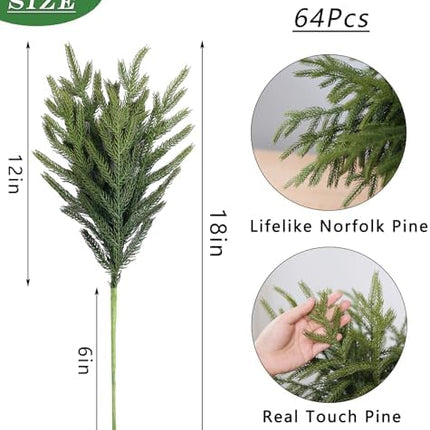 YXZZWL 18" Norfolk Pine Stems 64 Pcs – Real Touch Faux Greenery for Xmas Crafts