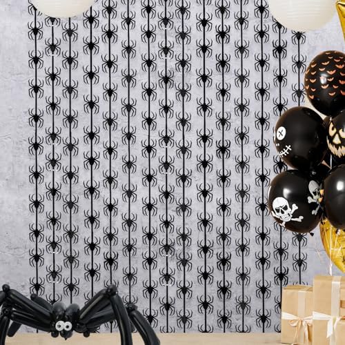 Halloween Spider Tinsel Curtains 2 Pack – Black Foil Fringe Party Backdrop