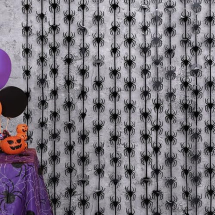 Halloween Spider Tinsel Curtains 2 Pack – Black Foil Fringe Party Backdrop
