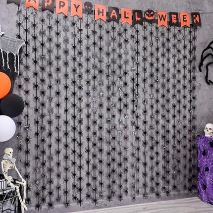 Halloween Spider Tinsel Curtains 2 Pack – Black Foil Fringe Party Backdrop