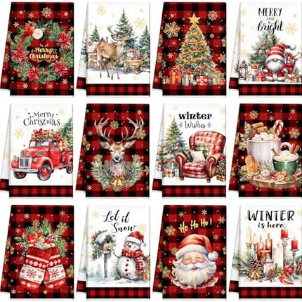 Christmas Kitchen Towels 12-Pack – Merry Tree, Reindeer & Santa Holiday Dishcloths