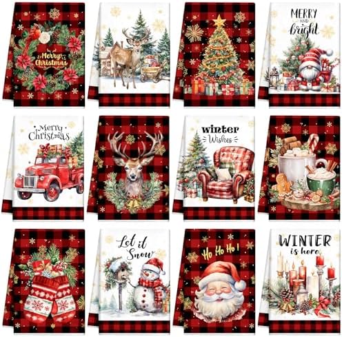 Christmas Kitchen Towels 12-Pack – Merry Tree, Reindeer & Santa Holiday Dishcloths