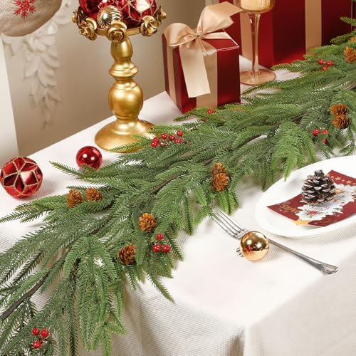 9FT Christmas Garland by SHareconn – Norfolk Pine with Cones & Red Berries Décor