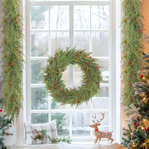 9FT Christmas Garland by SHareconn – Norfolk Pine with Cones & Red Berries Décor