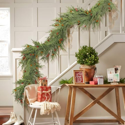 9FT Christmas Garland by SHareconn – Norfolk Pine with Cones & Red Berries Décor