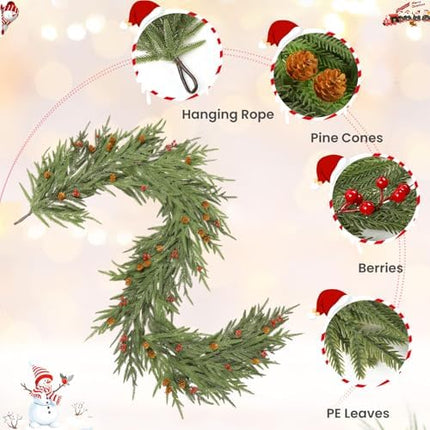 9FT Christmas Garland by SHareconn – Norfolk Pine with Cones & Red Berries Décor