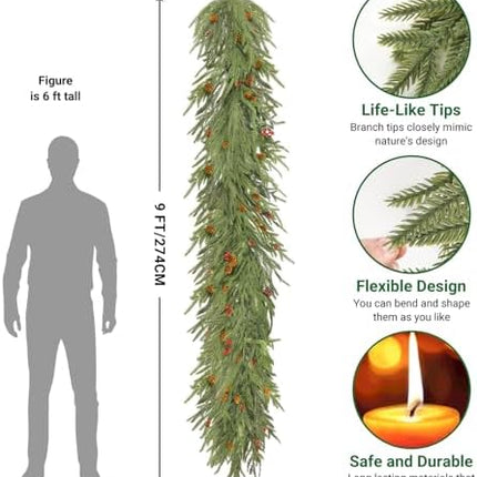 9FT Christmas Garland by SHareconn – Norfolk Pine with Cones & Red Berries Décor