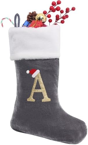 Large 20" Grey Velvet Monogram Stockings – Soft Christmas Fireplace Decor