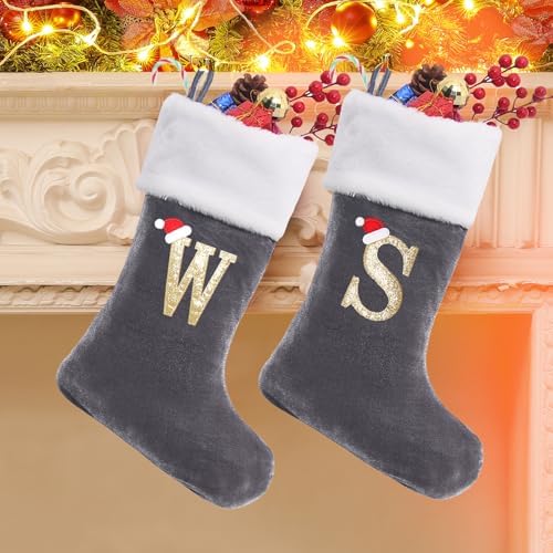 Large 20" Grey Velvet Monogram Stockings – Soft Christmas Fireplace Decor