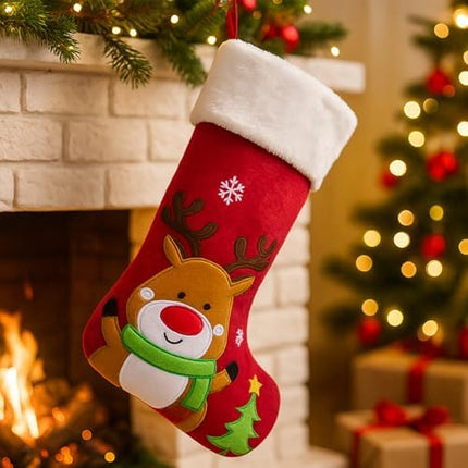 3D Reindeer Christmas Stocking – Large Embroidered Xmas Stocking for Kids