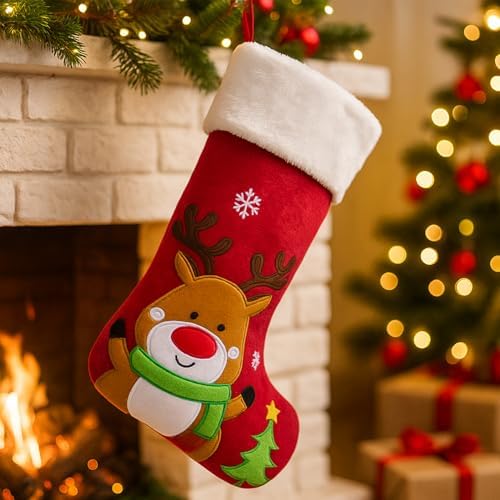 3D Reindeer Christmas Stocking – Large Embroidered Xmas Stocking for Kids