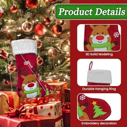 3D Reindeer Christmas Stocking – Large Embroidered Xmas Stocking for Kids