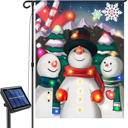 Solar Lighted Christmas Garden Flag 12x18 – LED Snowman Choir Yard Décor