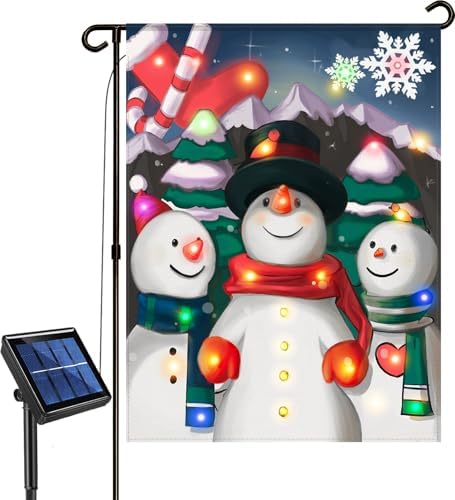 Solar Lighted Christmas Garden Flag 12x18 – LED Snowman Choir Yard Décor