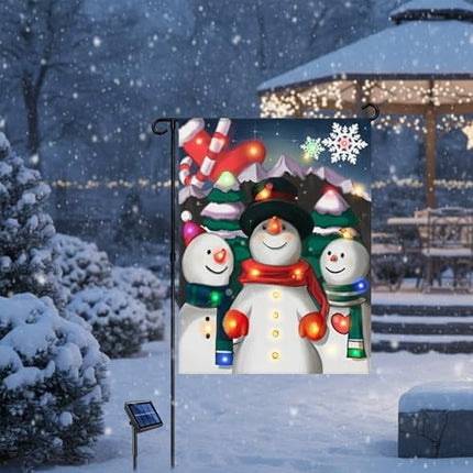 Solar Lighted Christmas Garden Flag 12x18 – LED Snowman Choir Yard Décor