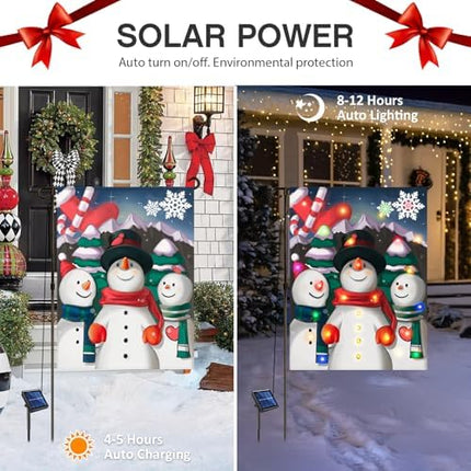 Solar Lighted Christmas Garden Flag 12x18 – LED Snowman Choir Yard Décor