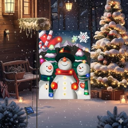 Solar Lighted Christmas Garden Flag 12x18 – LED Snowman Choir Yard Décor