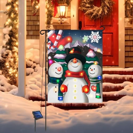 Solar Lighted Christmas Garden Flag 12x18 – LED Snowman Choir Yard Décor