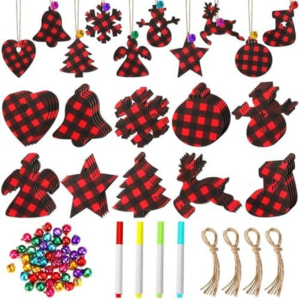 50pcs Buffalo Plaid Wood Ornaments Unfinished DIY Christmas Craft Blanks (Red/Black)