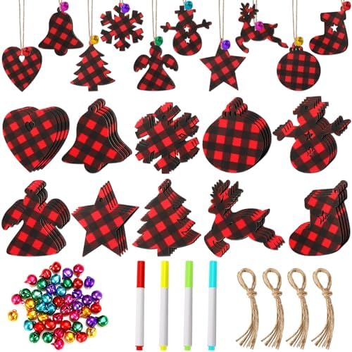 50pcs Buffalo Plaid Wood Ornaments Unfinished DIY Christmas Craft Blanks (Red/Black)