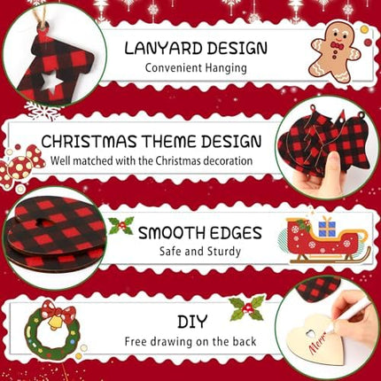 50pcs Buffalo Plaid Wood Ornaments Unfinished DIY Christmas Craft Blanks (Red/Black)