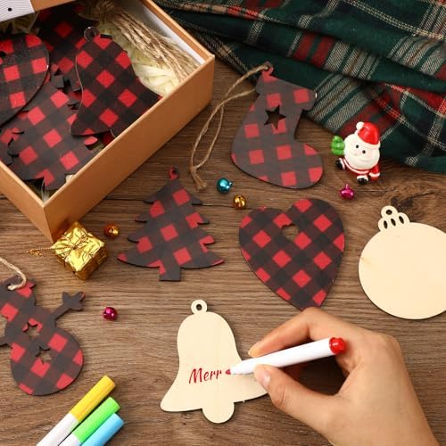 50pcs Buffalo Plaid Wood Ornaments Unfinished DIY Christmas Craft Blanks (Red/Black)