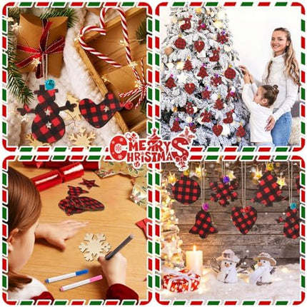 50pcs Buffalo Plaid Wood Ornaments Unfinished DIY Christmas Craft Blanks (Red/Black)