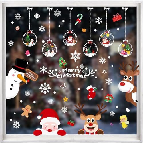 Christmas Window Stickers 9PCS – Snowflake, Santa, Reindeer & Snowman Decor