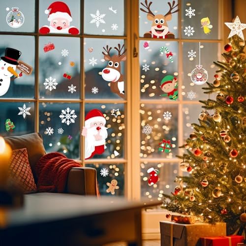 Christmas Window Stickers 9PCS – Snowflake, Santa, Reindeer & Snowman Decor